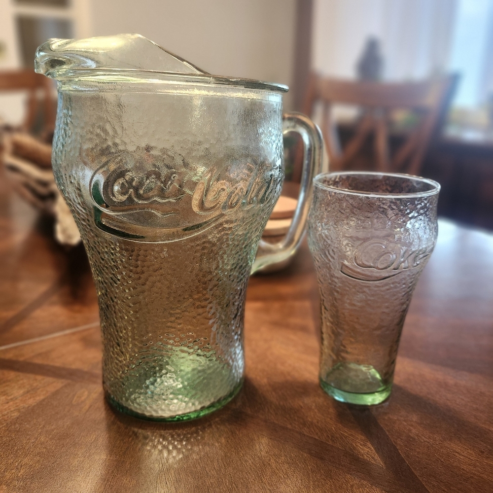 vintage green pebbled glass Coca-Cola pitcher and matching glass. 